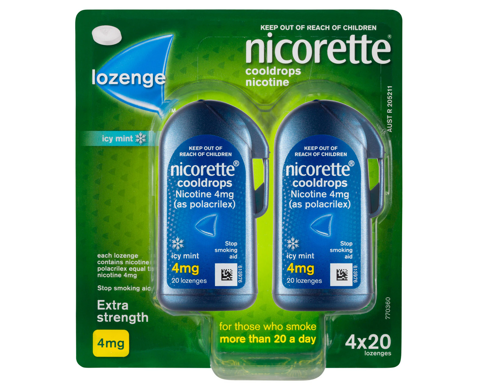 Nicorette Quit Smoking Extra Strength Cooldrops Nicotine Lozenge Icy Mint 4 x 20 Pack