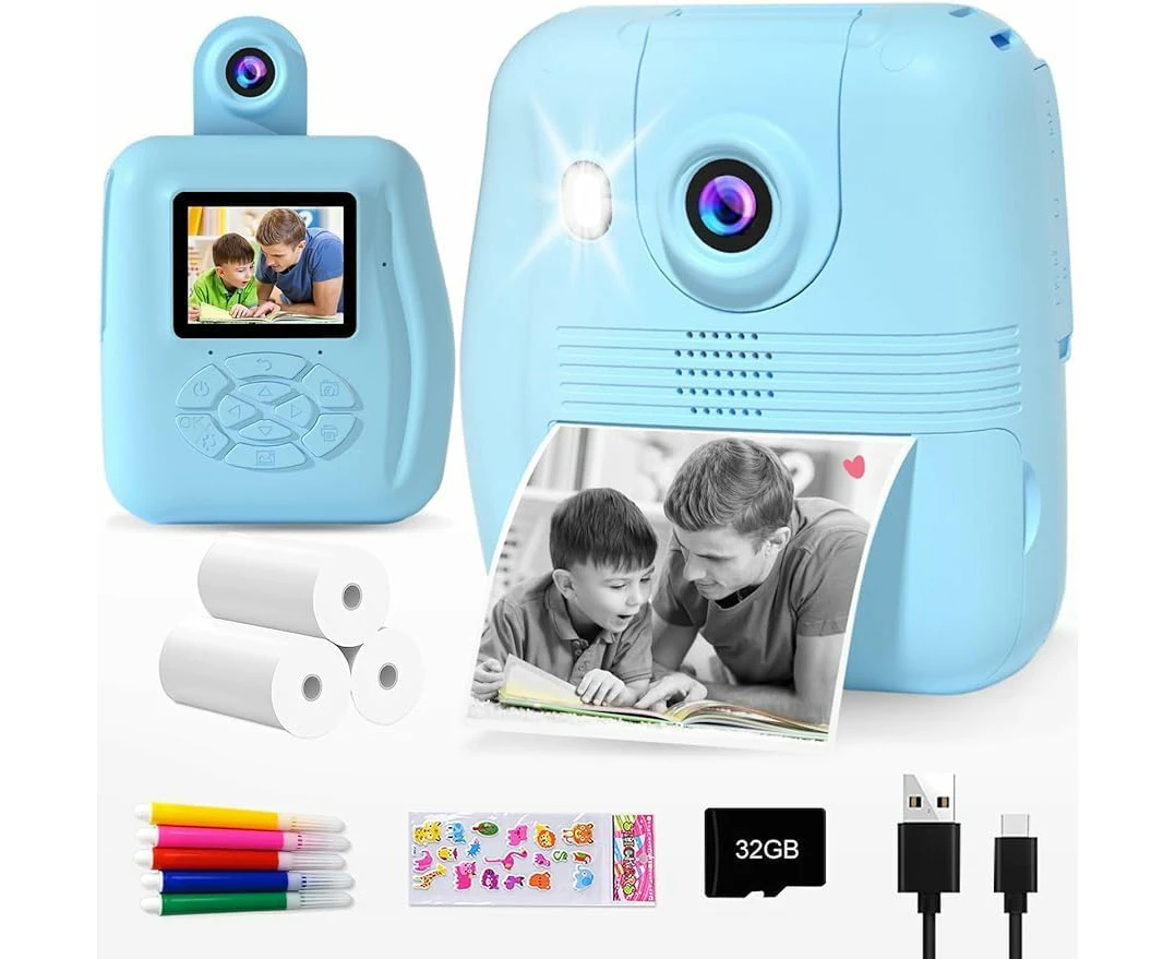 Kids Camera Instant Print - 1080P HD 0 Ink Instant Print Photo - Christmas Birthday Gifts for Age 3-8 Girls Boys - Portable Toy with 3 Rolls Photo Paper