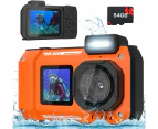 4K HD Underwater Camera 33FT Waterproof Camera 65MP Rugged Dustproof Shockproof, Autofocus Selfie Dual-Screen Underwater Camera with 64GB Card -Orange