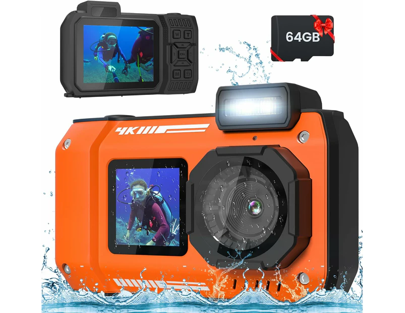 4K HD Underwater Camera 33FT Waterproof Camera 65MP Rugged Dustproof Shockproof, Autofocus Selfie Dual-Screen Underwater Camera with 64GB Card -Orange