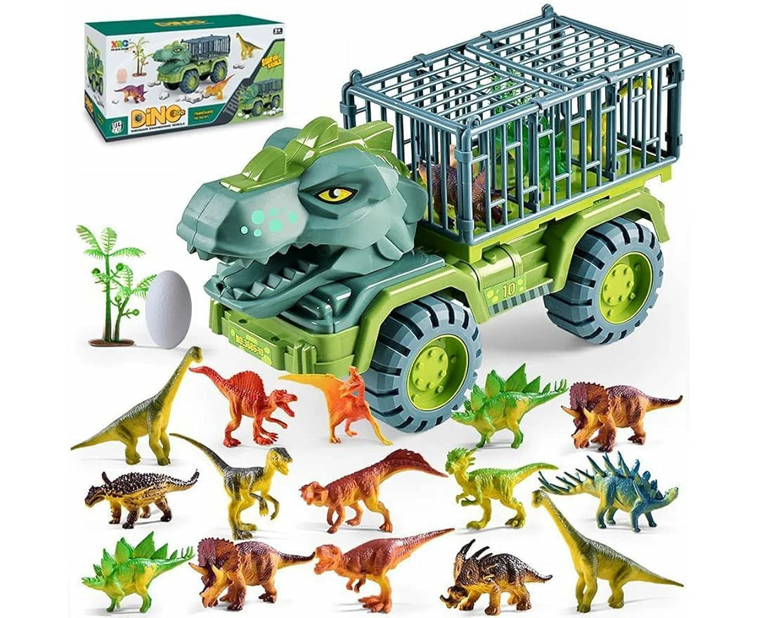 Dinosaur Truck Playset Dinosaur Toys for Boys 3-6, Huge Tyrannosaurus Rex Car with 15 Dinosaurs, 1 Dinosaur Egg and Road Decorations