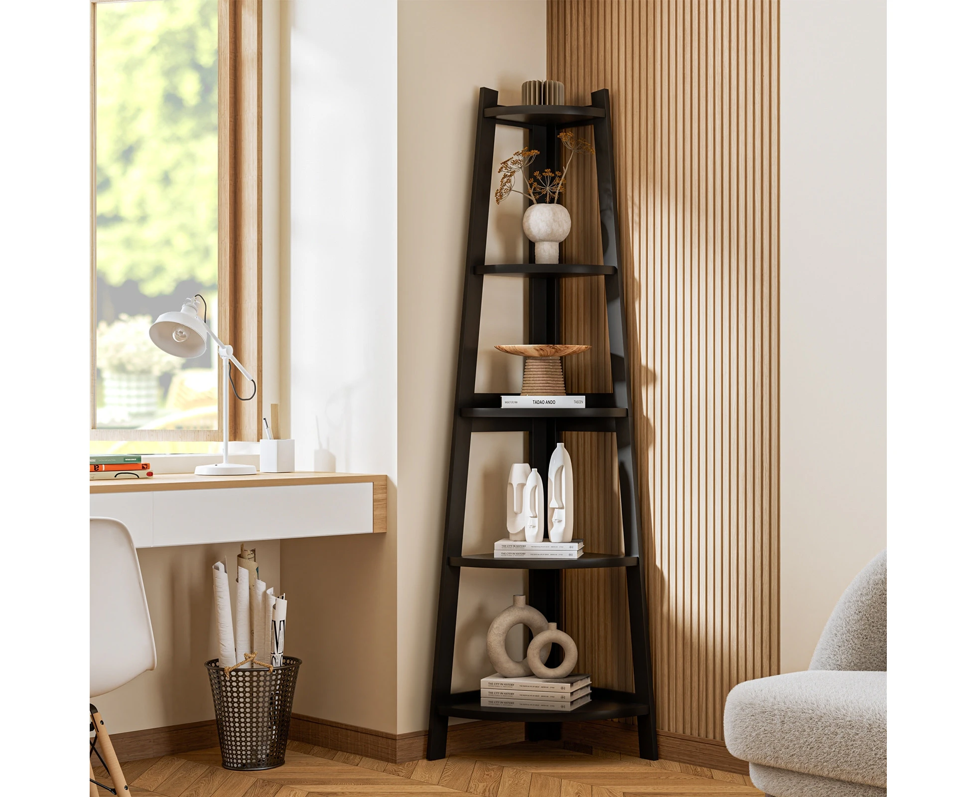 Oikiture Corner Ladder Shelf 5 Tier Home Storage Display Stand Bookshelf Black