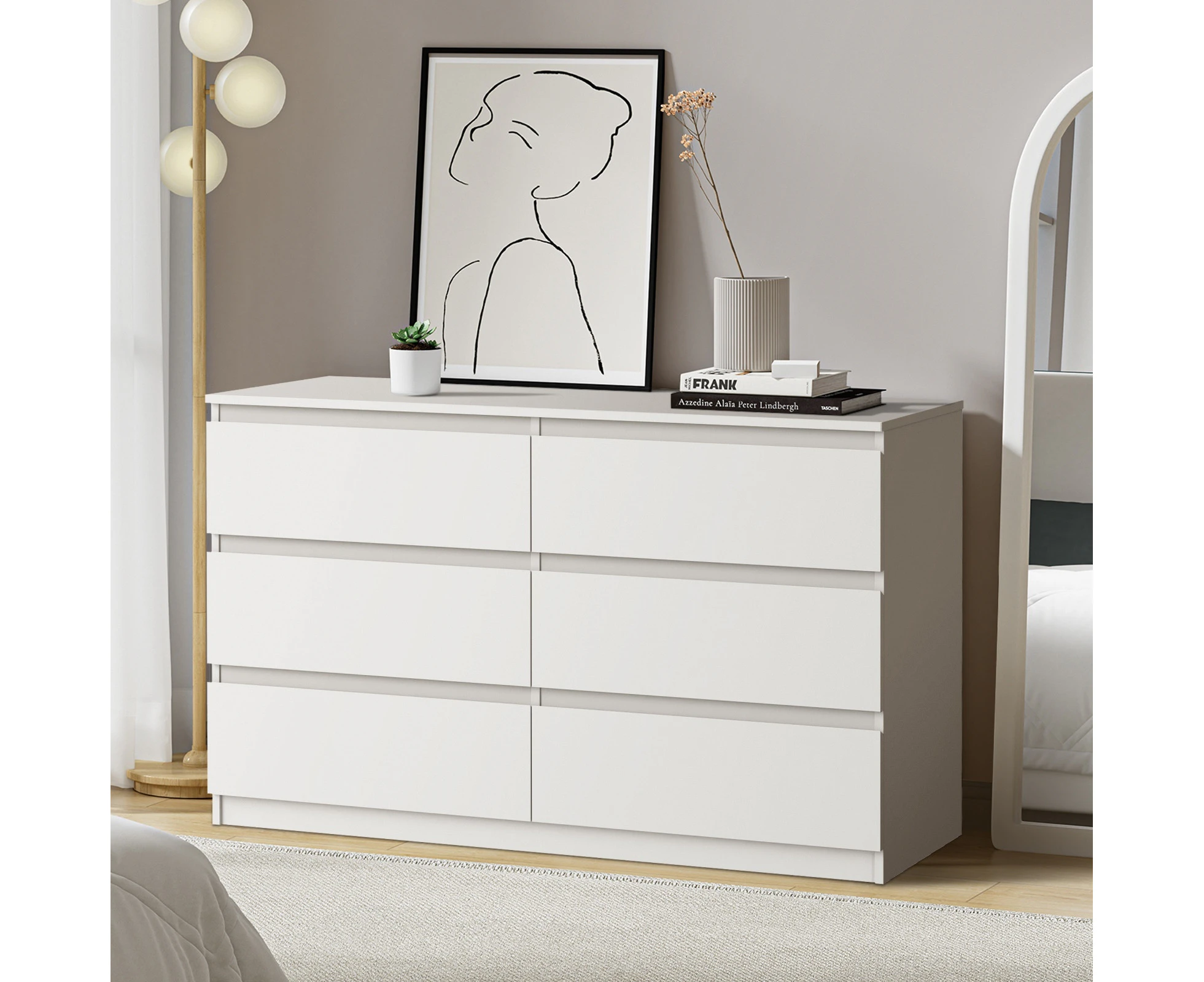 Oikiture 6 Chest of Drawers Lowboy Storage Cabinet Dresser Table Bedroom White