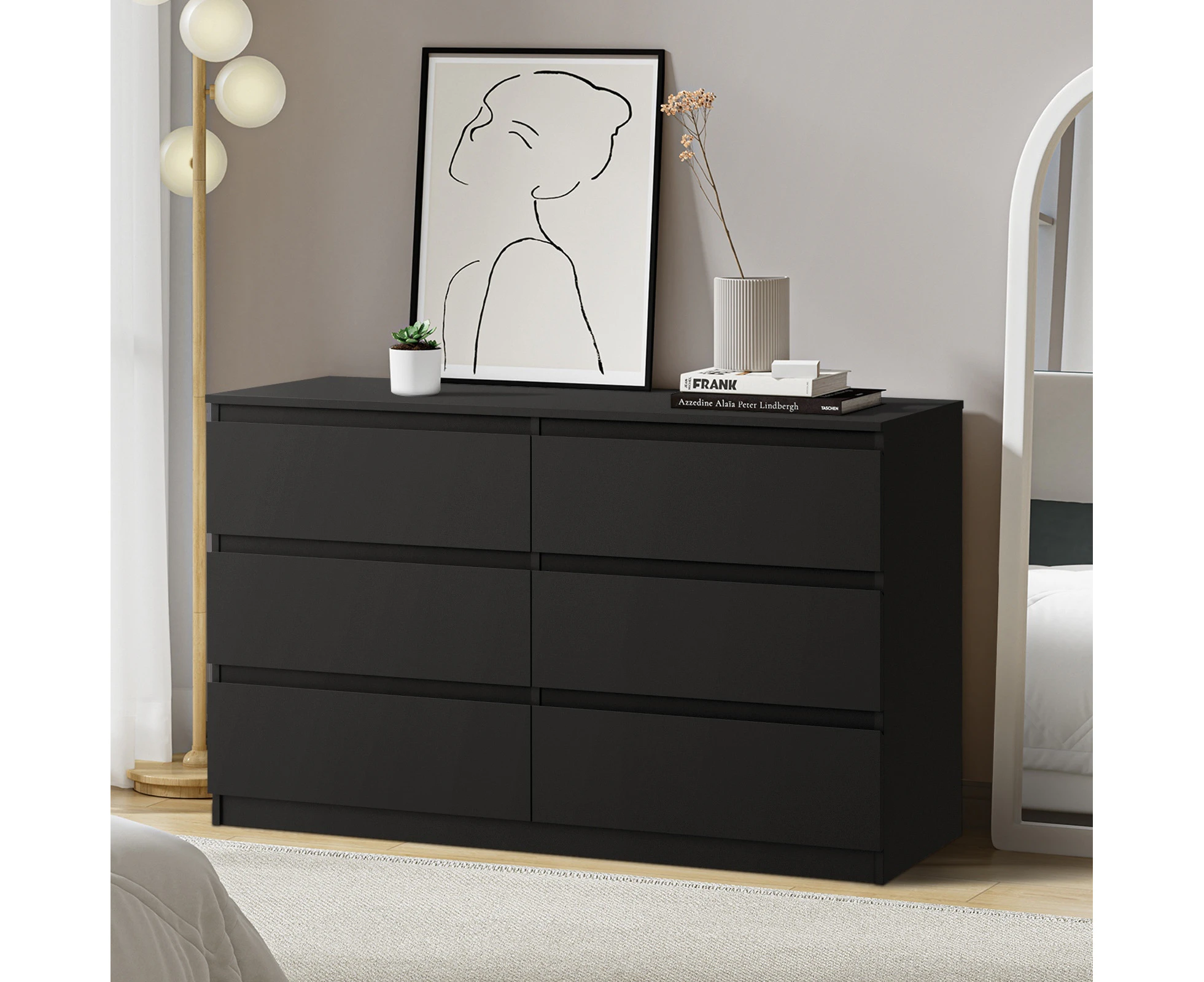 Oikiture 6 Chest of Drawers Lowboy Storage Cabinet Dresser Table Bedroom Black