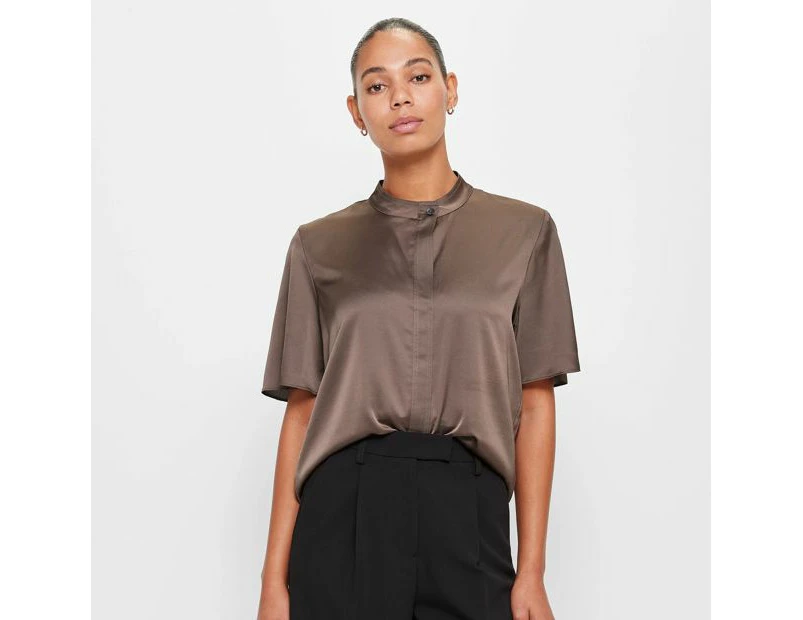 Button High Neck Blouse - Preview - Brown