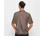 Button High Neck Blouse - Preview - Brown