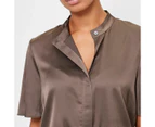 Button High Neck Blouse - Preview - Brown