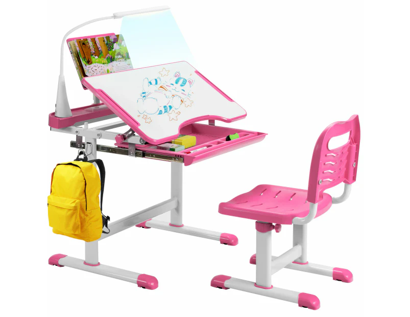 Giantex Kids Desk and Chair Set Height Adjustable Kids Study Table Set w/LED Light & Tilted Tabletop Children Desk Pink