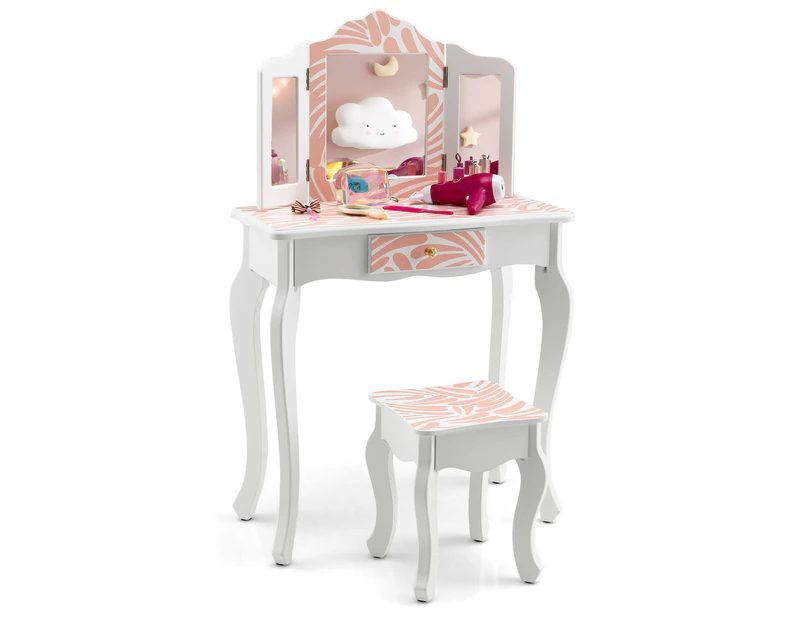 Giantex 2 in 1 Kids Vanity Table Set Toddler Pretend Play Makeup Dressing Table w/Mirror & Stool Writing Desk