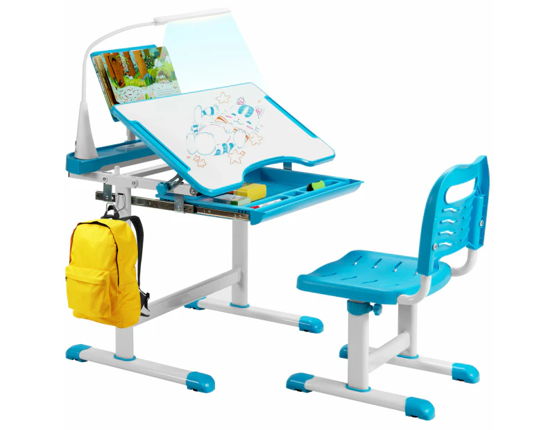 Giantex Kids Desk and Chair Set Height Adjustable Kids Study Table Set w/LED Light & Tilted Tabletop Children Desk Blue