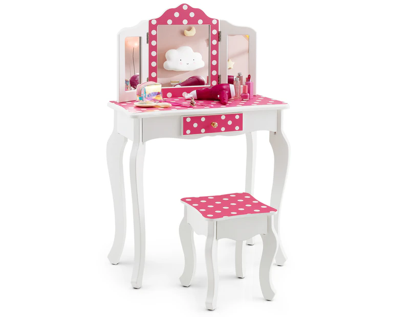 Giantex Kids Vanity Table & Stool Set Toddler Pretend Play Dressing Table w/Mirror & Drawer Children Study Desk