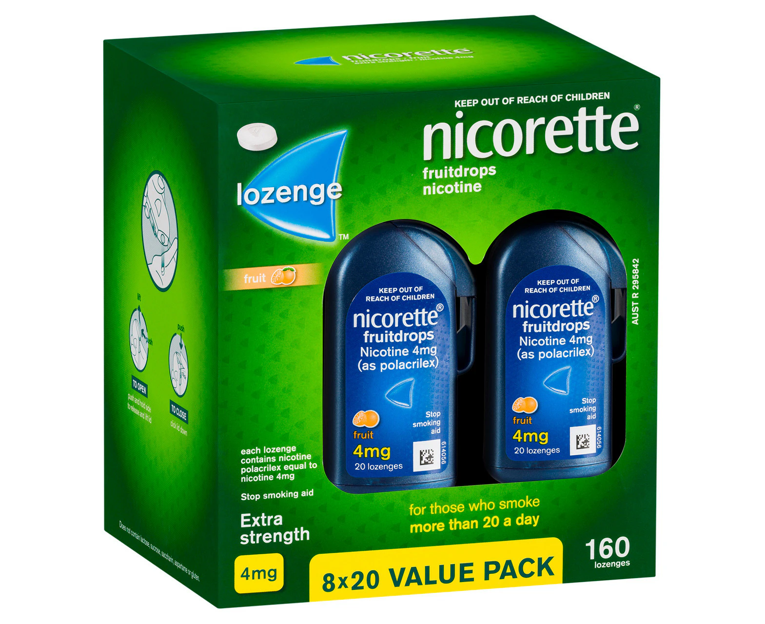 Nicorette Quit Smoking Extra Strength Nicotine Lozenge Fruitdrops 8 x 20 Pack