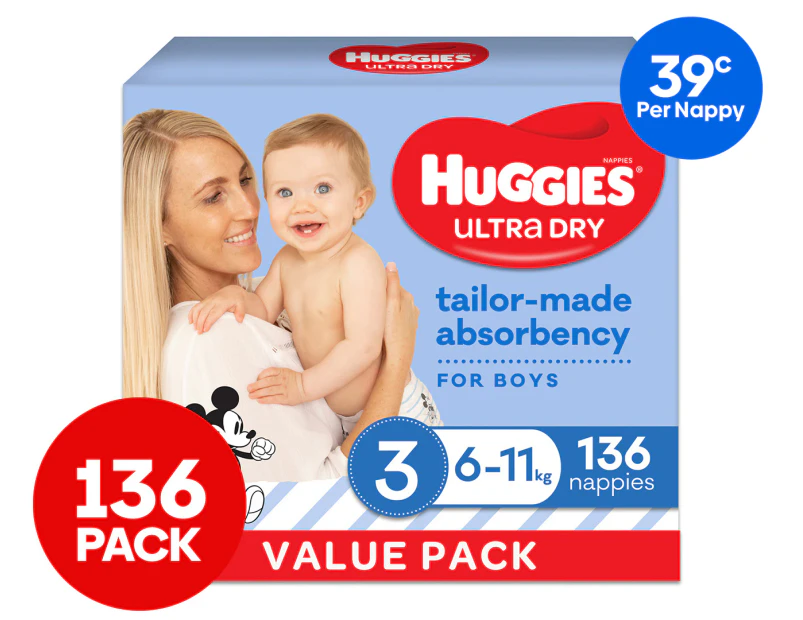 Huggies Ultra Dry Size 3 6-11kg Boys' Nappies 136pk
