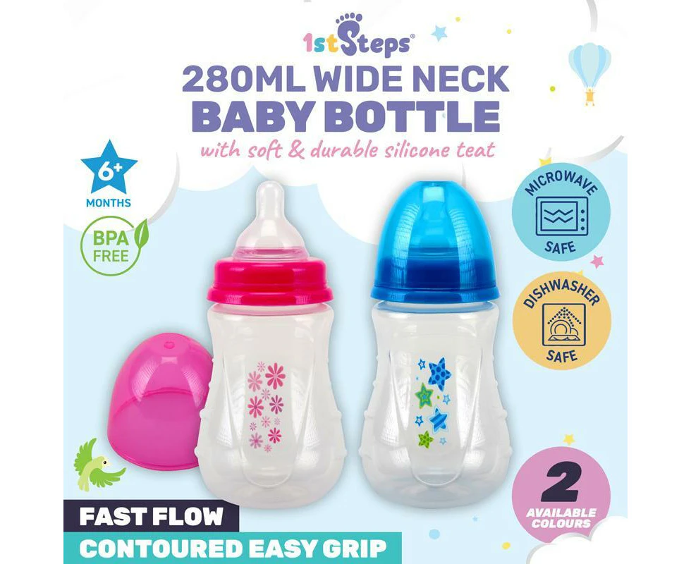 Baby Bottle Wide Neck Side Grip 280ml 6mths+ 1pc