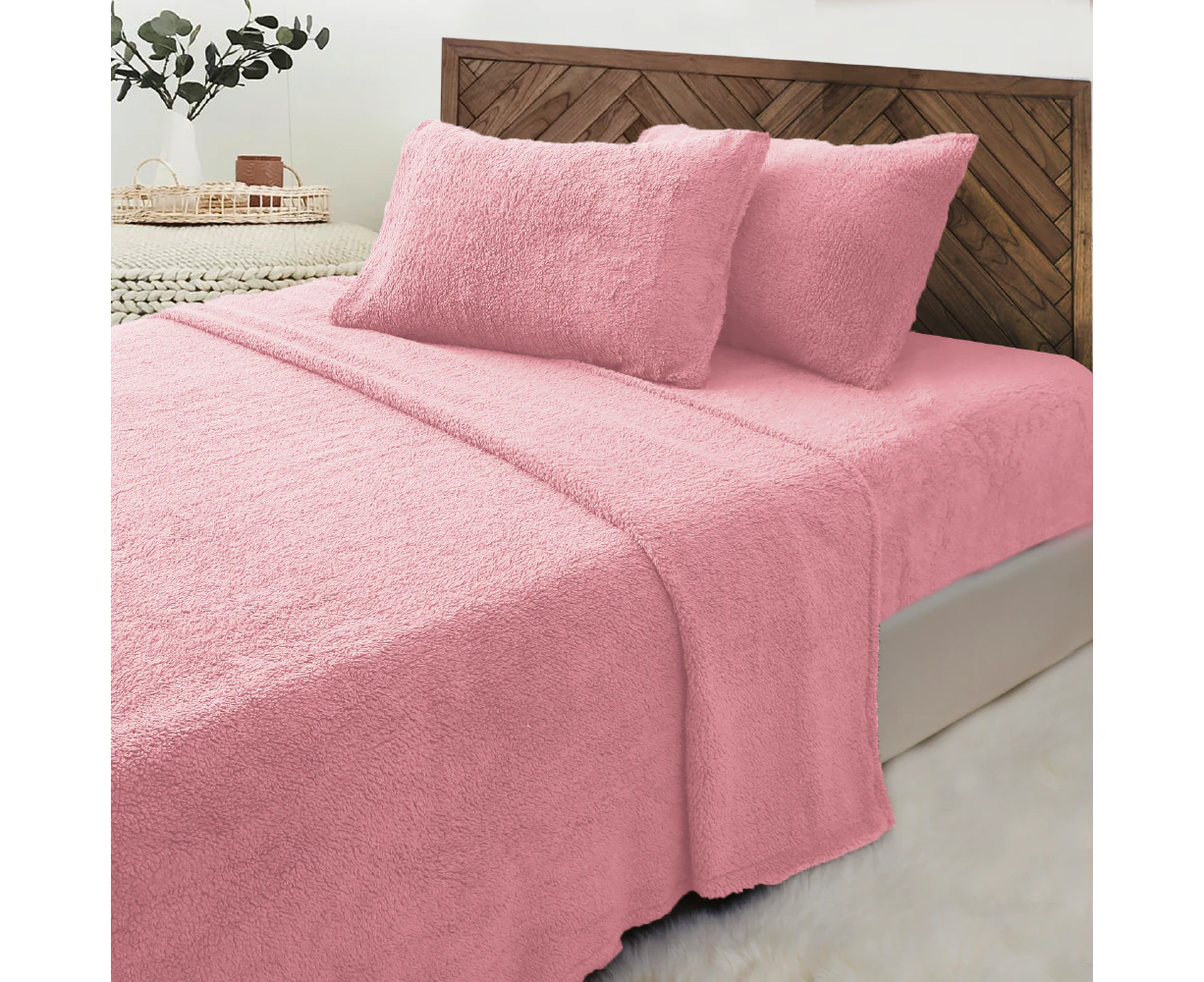 Luxor Blush Teddy Bear Fleece Fitted Flat Sheet + Pillowcase Set