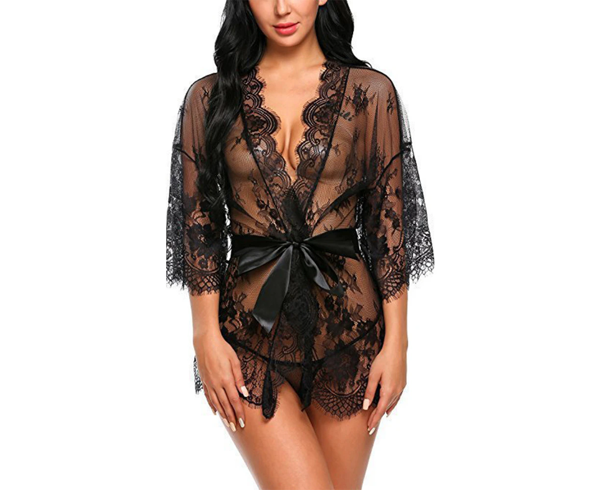 Women Sexy Lace Sheer Kimono Bathrobe Short Dressing Gown G-string Sleepwear Lingerie Nightwear - Black