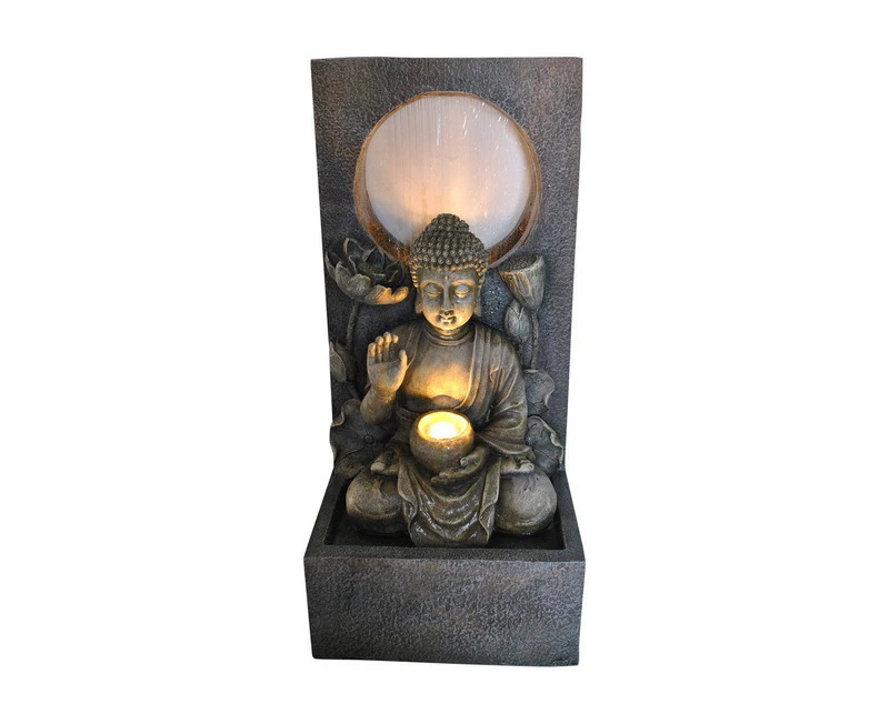 70cm Tranquil Buddha Water Fountain/Waterfall Statue with Halo & LED Light, Indoor or Outdoor - Brown