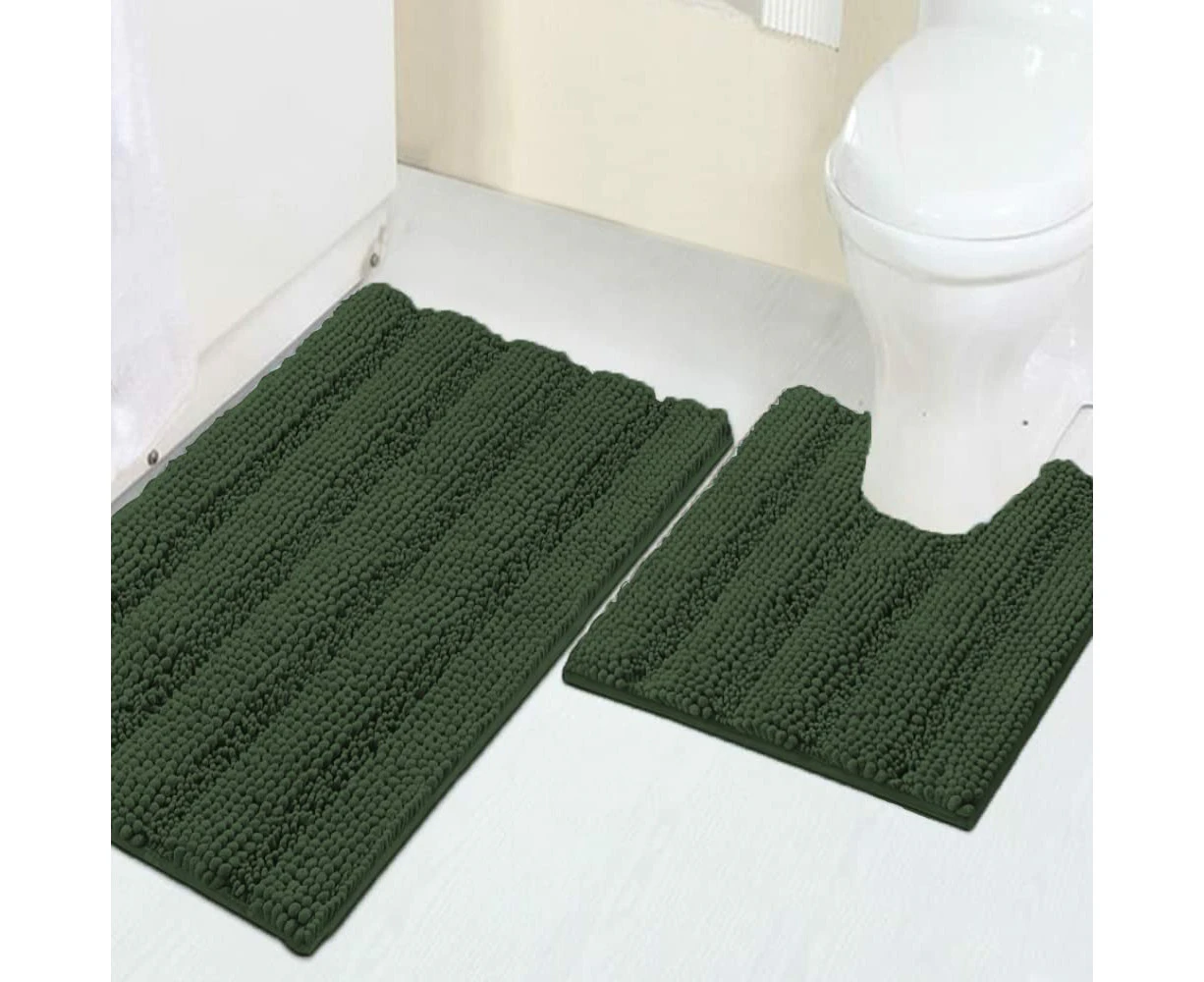 2 Piece Chenille Bath Mat Set Non Slip Absorbent Bath Mat Super Soft Fluffy Toilet Mat Bathroom Floor Mats - Bronze Green