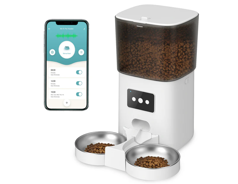 Advwin Automatic Pet Feeder Double Bowl 6L WiFi App Remote Control Programmable Multi Pet Food Dispenser Dual Power Supply Recorded Play