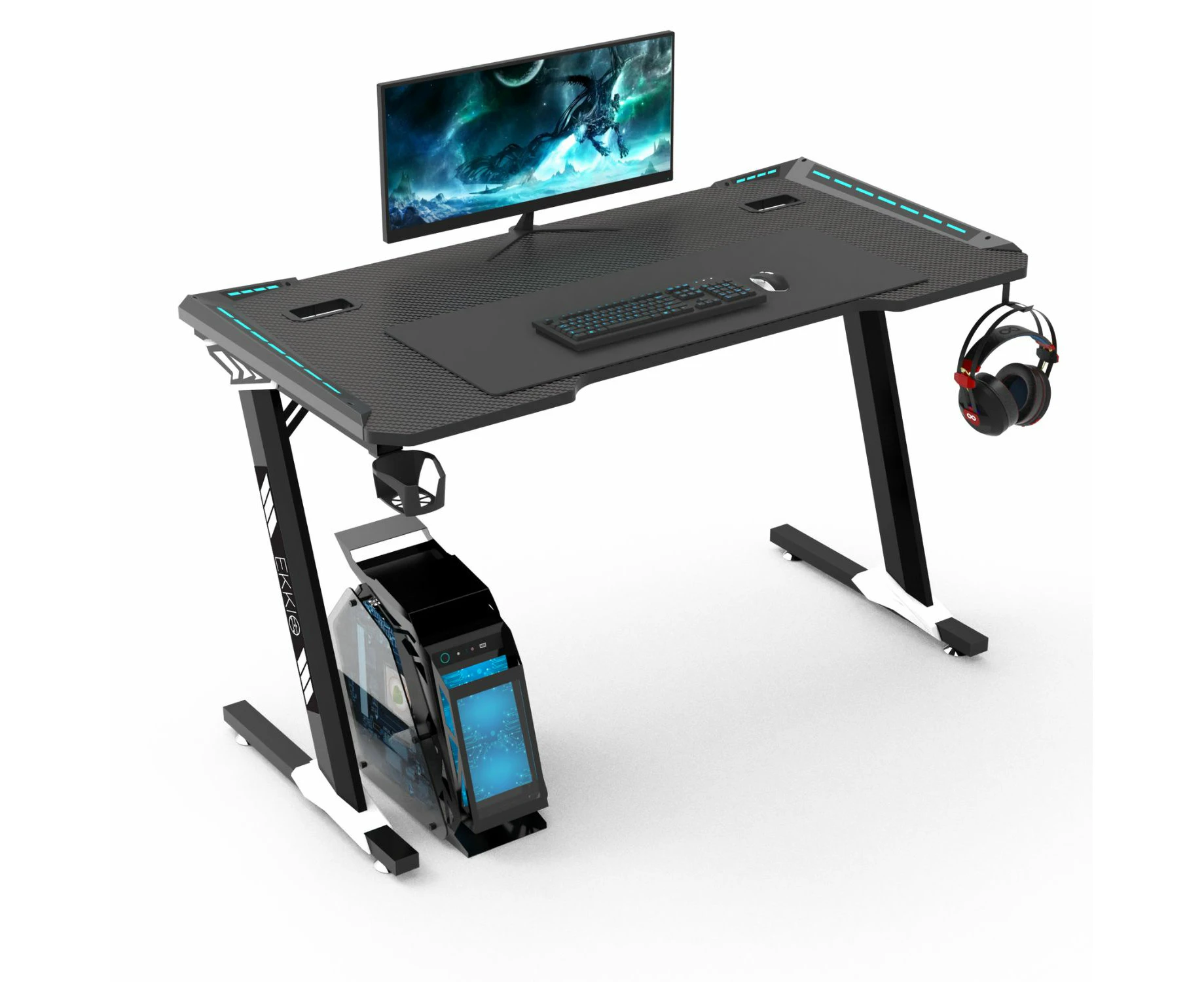 EKKIO Gaming Desk RGB Ergonomic Racer Table Gamer Workstation w/ Cup & Headset Holder 100cm