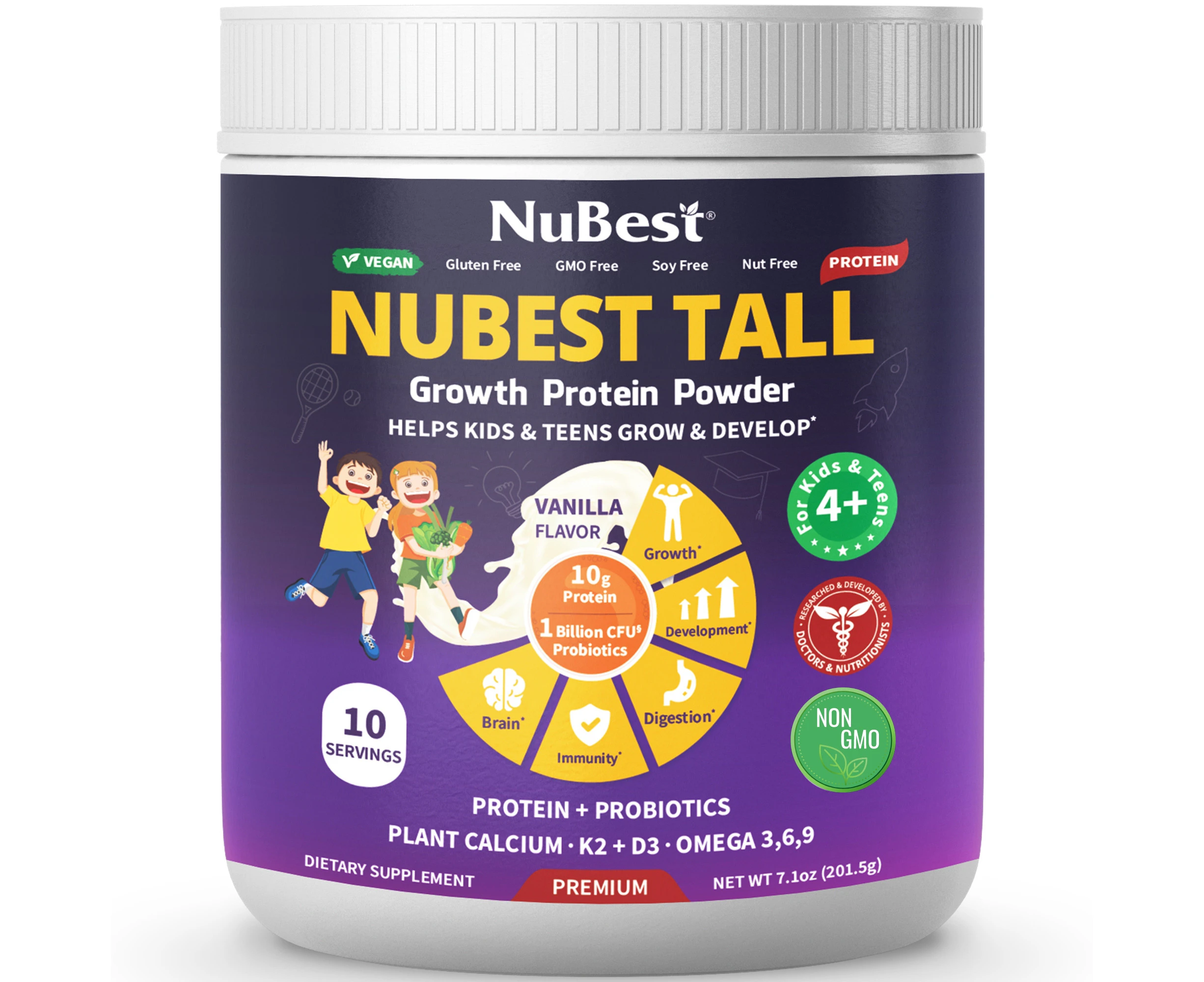 NuBest Tall Protein, Vanilla Flavor Vegan Protein Powder for Growth For Ages 4+, 10 Servings