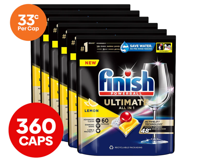 6 x 60pk Finish Powerball Ultimate All in 1 Dishwashing Caps Lemon Sparkle