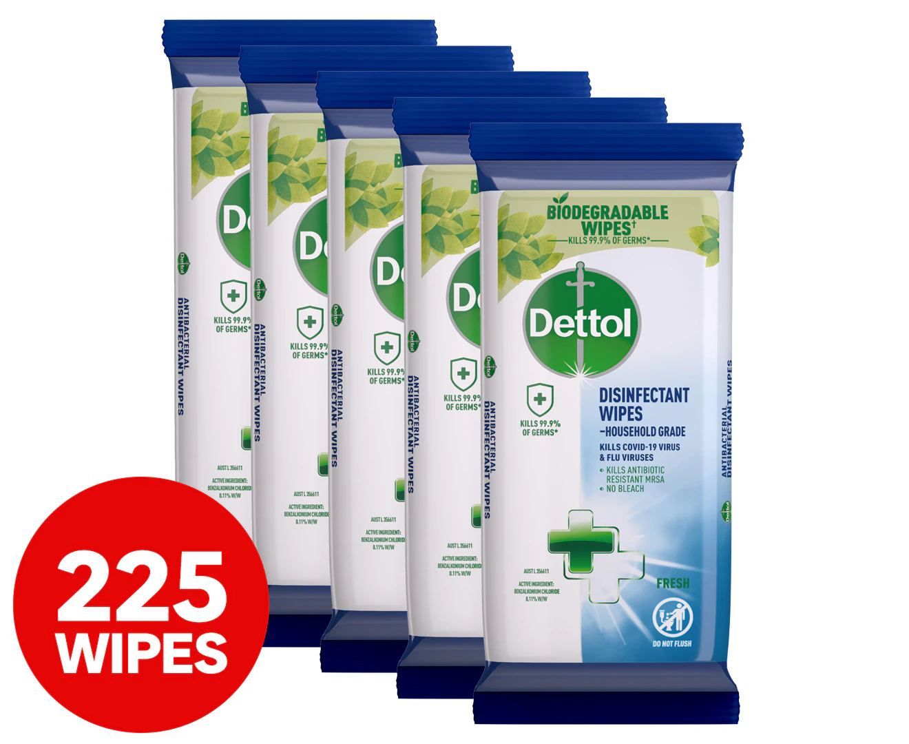 5 x 45pk Dettol Disinfectant Cleaning Wipes Fresh