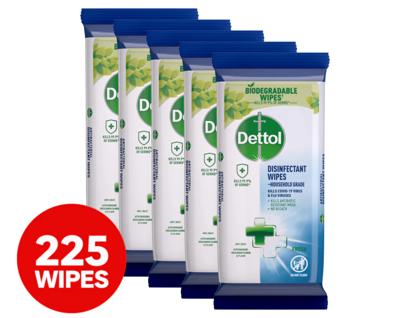 5 x 45pk Dettol Disinfectant Cleaning Wipes Fresh