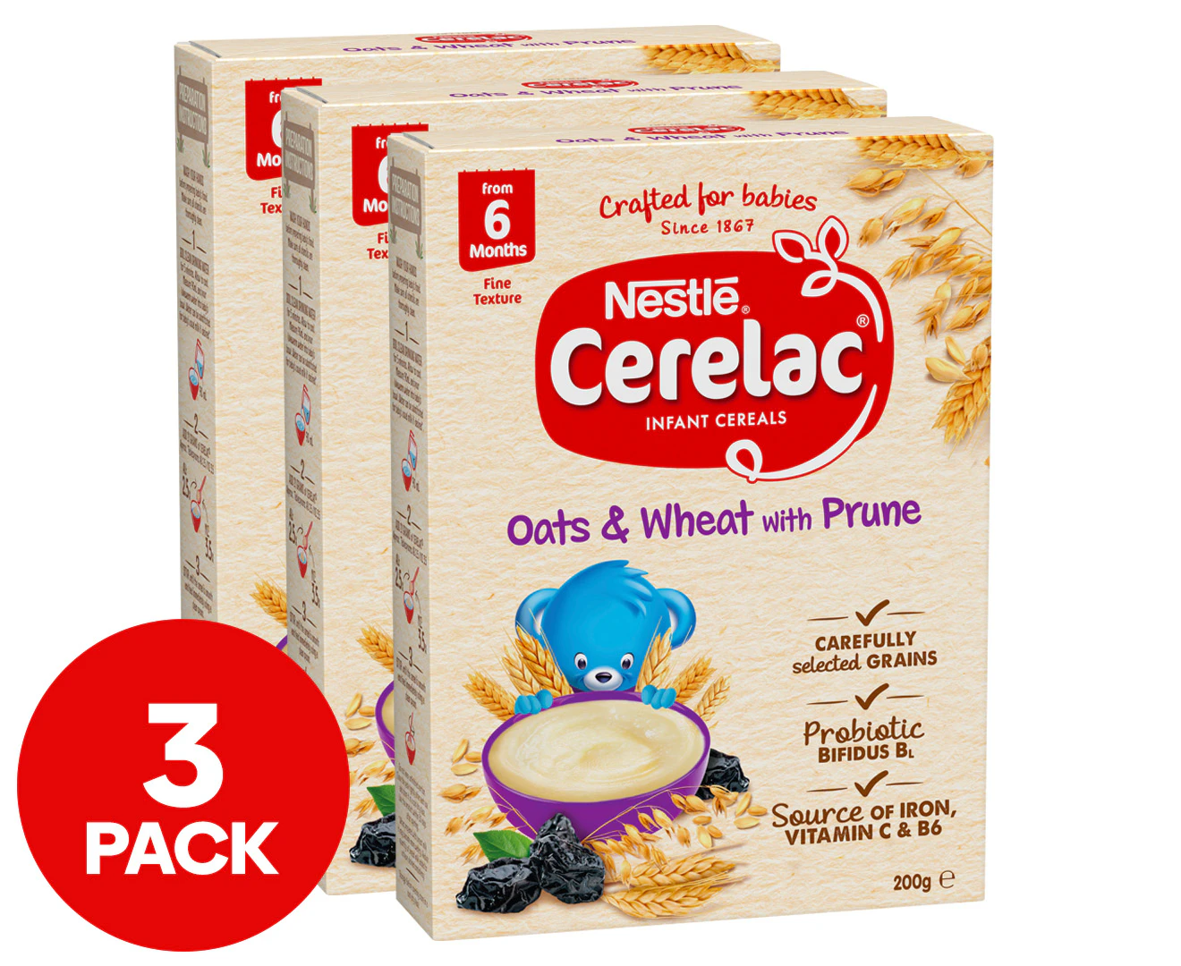 3 x Nestlé Cerelac Infant Cereal Oats & Wheat w/ Prune 200g