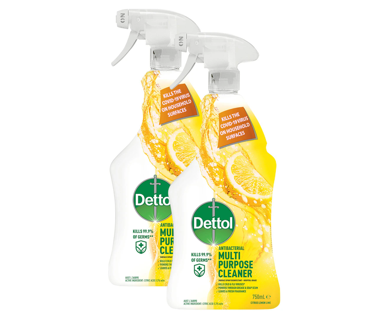 2 x Dettol Healthy Clean Multipurpose Spray Citrus Lemon Lime 750mL