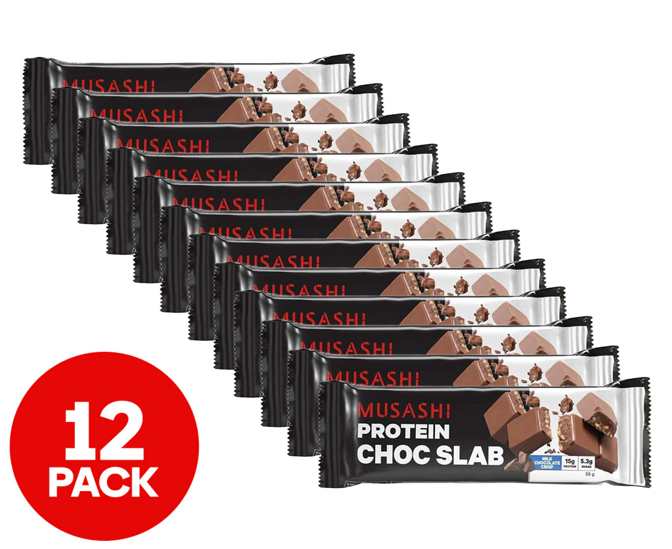 12 x Musashi Protein Chocolate Slab Bar Milk Chocolate Crisp 58g