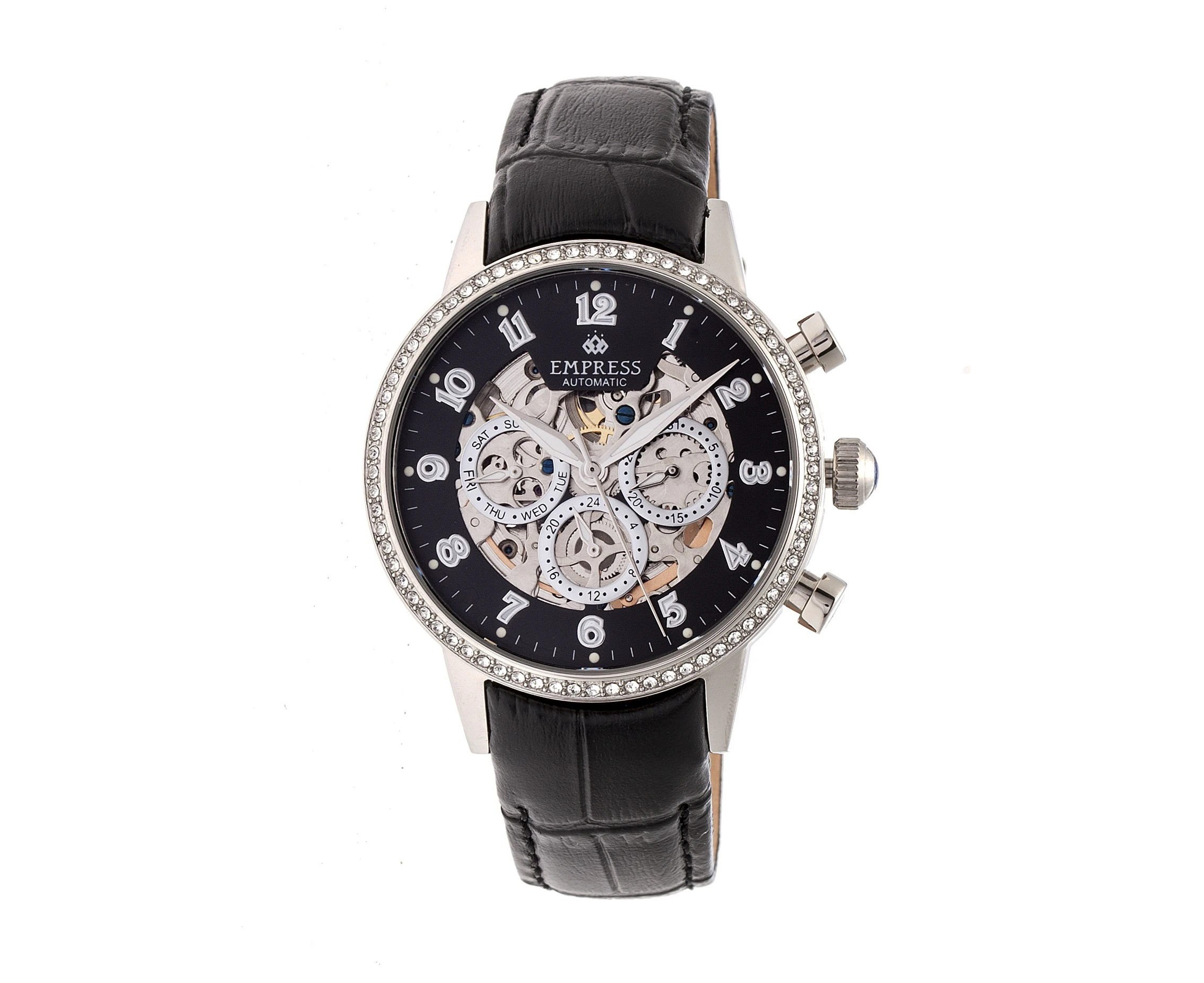 Empress Beatrice Automatic Skeleton Dial Leather-Band Watch w/Day/Date - Silver/Black