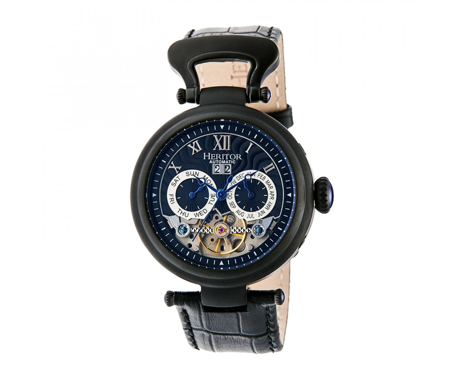 Heritor Automatic Ganzi Semi-Skeleton Leather-Band Watch - Black