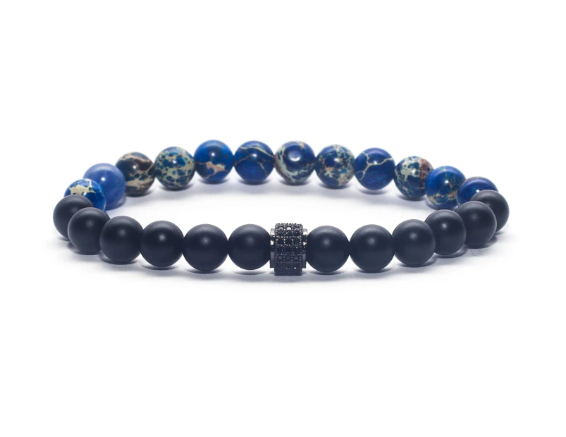 Decked Up Men's Beads Bracelet - Black & Blue Beads with Black Studded Charm