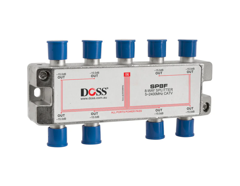 DOSS SP8F  8 Way 'F' Splitter or Combiner DC Pass Through 2.4Ghz   High Quality Satellite & Cable Compatible 75&Omega; Splitters In Zinc Diecast