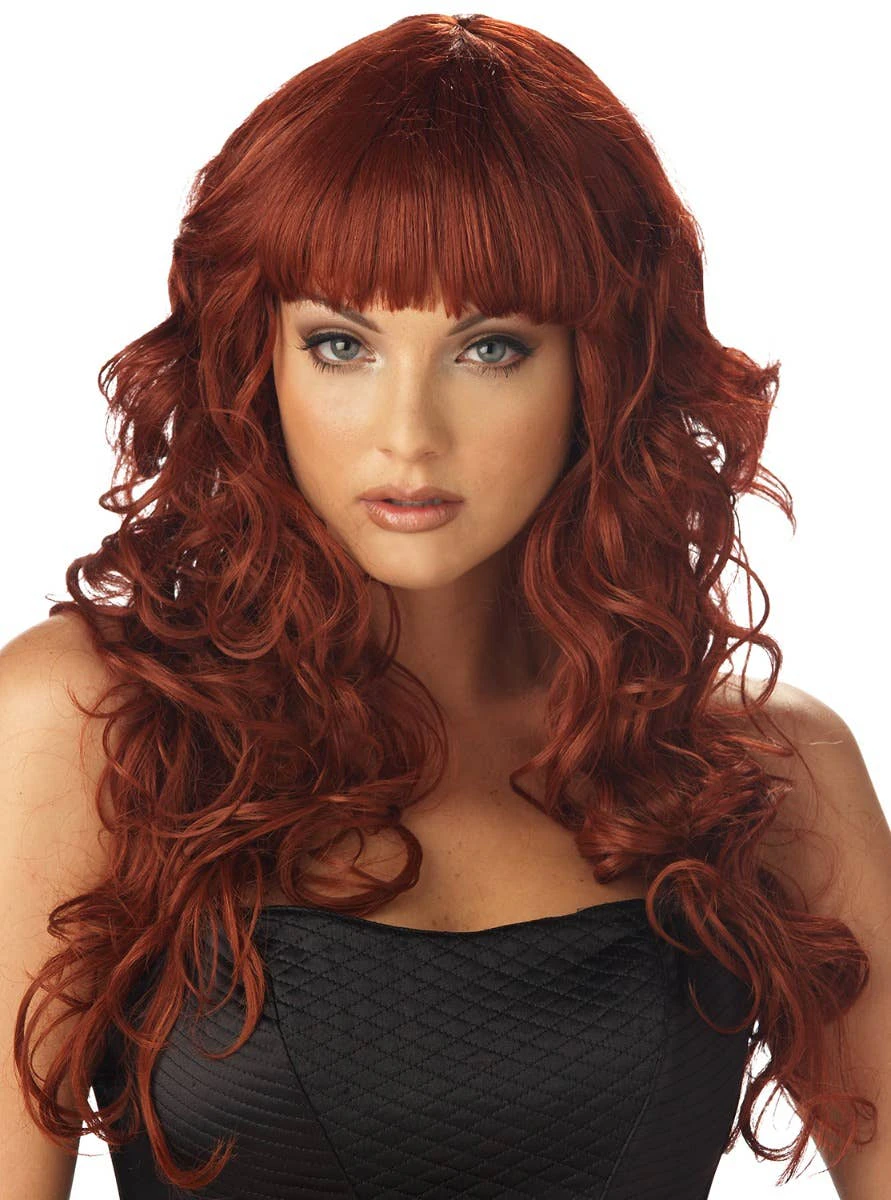 Impulse Auburn Red Women's Curly Wig with Fringe Genuine California Costumes - New