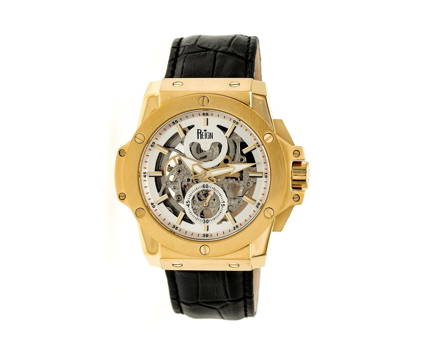 Reign Commodus Automatic Skeleton Leather-Band Watch - Gold/Silver