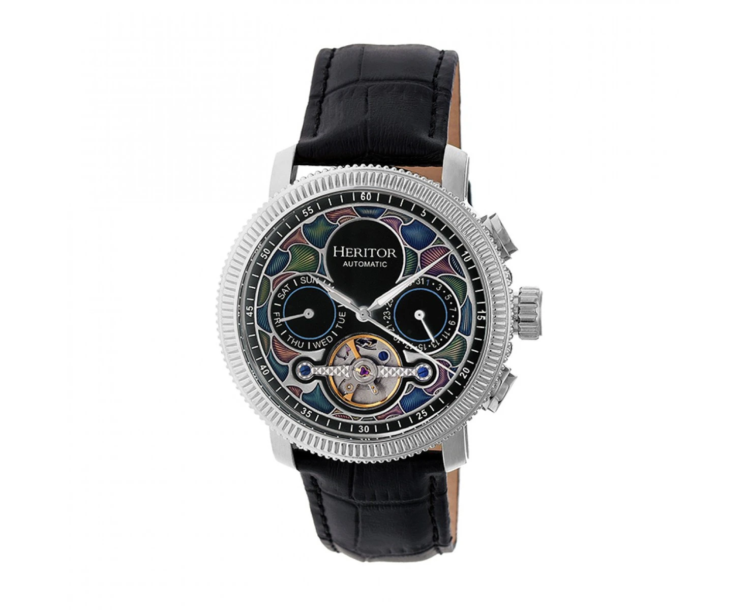 Heritor Automatic Aura Men's Semi-Skeleton Leather-Band Watch - Silver/Black