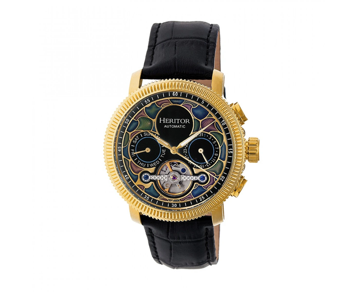 Heritor Automatic Aura Men's Semi-Skeleton Leather-Band Watch - Gold /Black