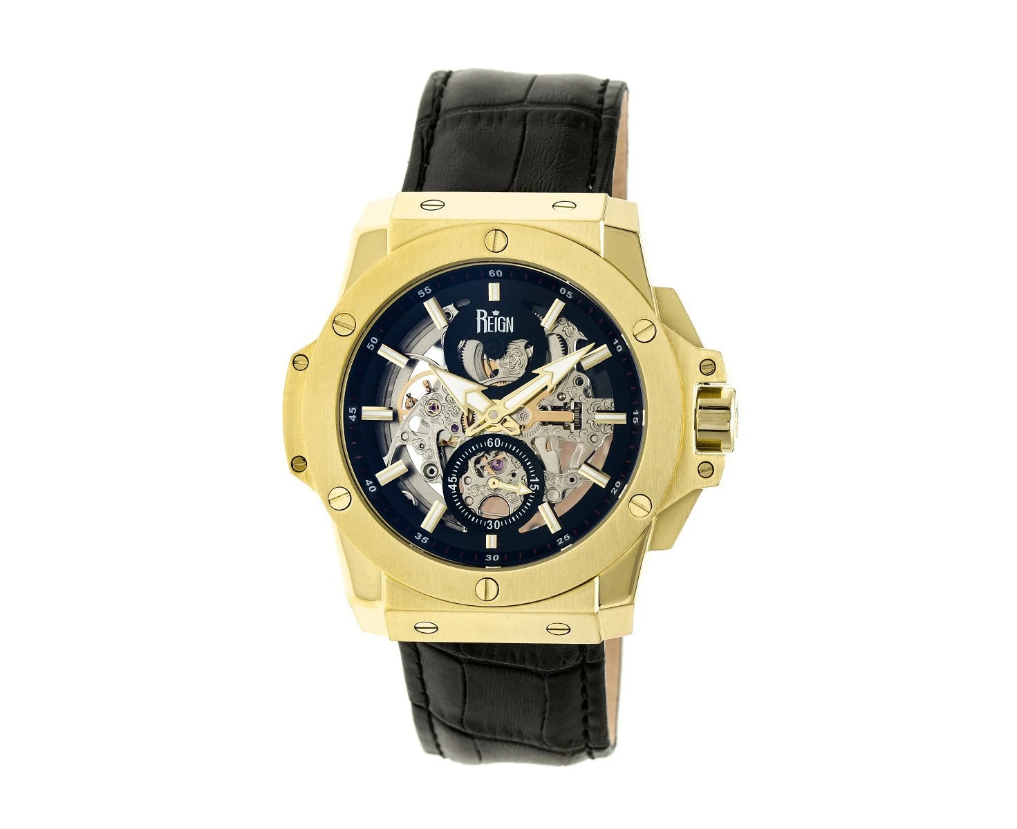 Reign Commodus Automatic Skeleton Leather-Band Watch - Gold/Black