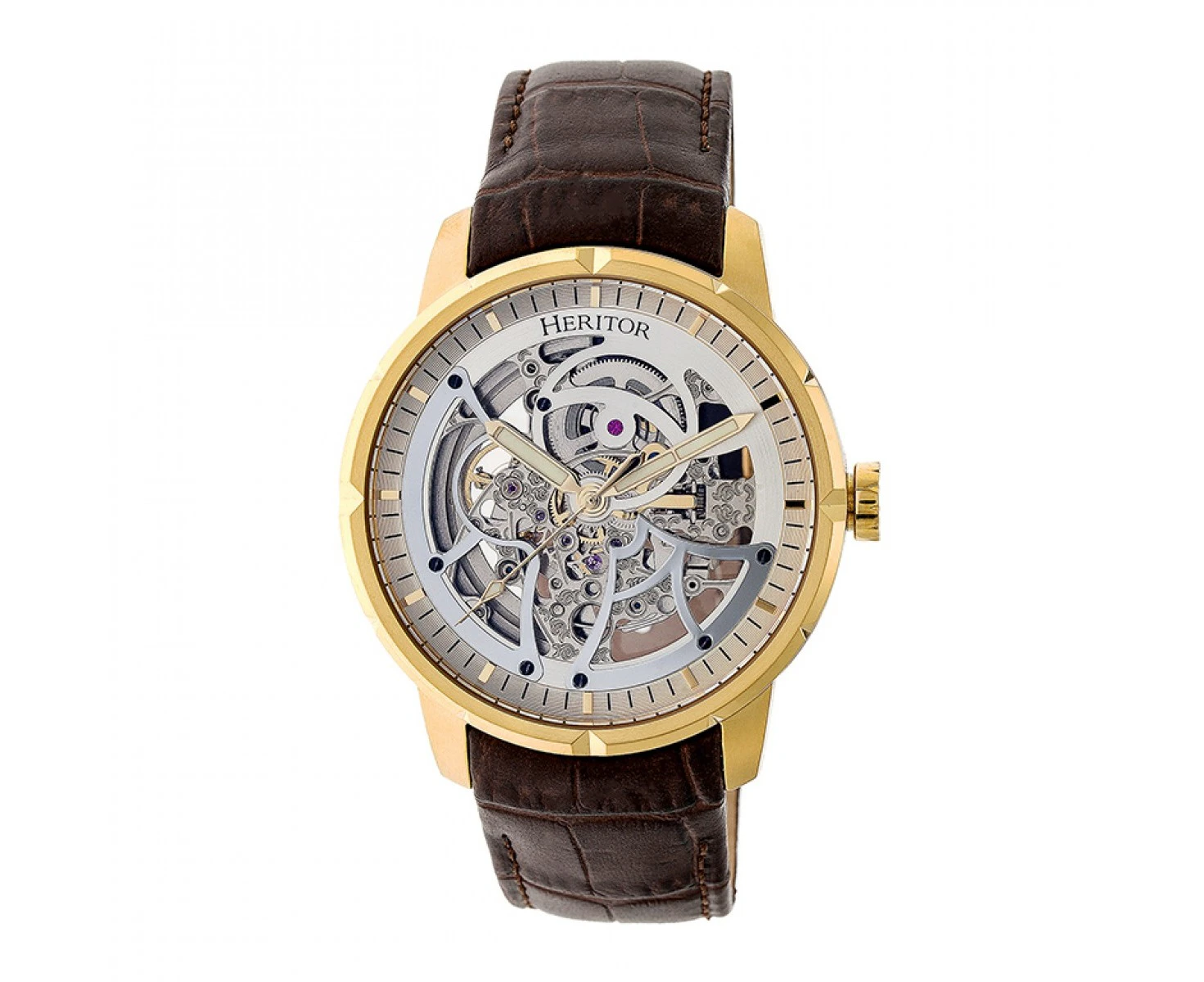 Heritor Automatic Ryder Skeleton Leather-Band Watch - Brown/Gold/Silver