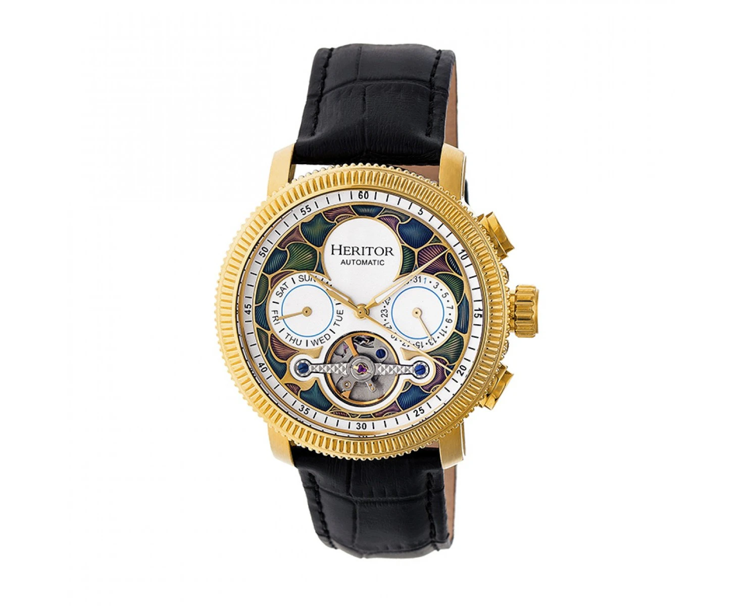 Heritor Automatic Aura Men's Semi-Skeleton Leather-Band Watch - Gold/White