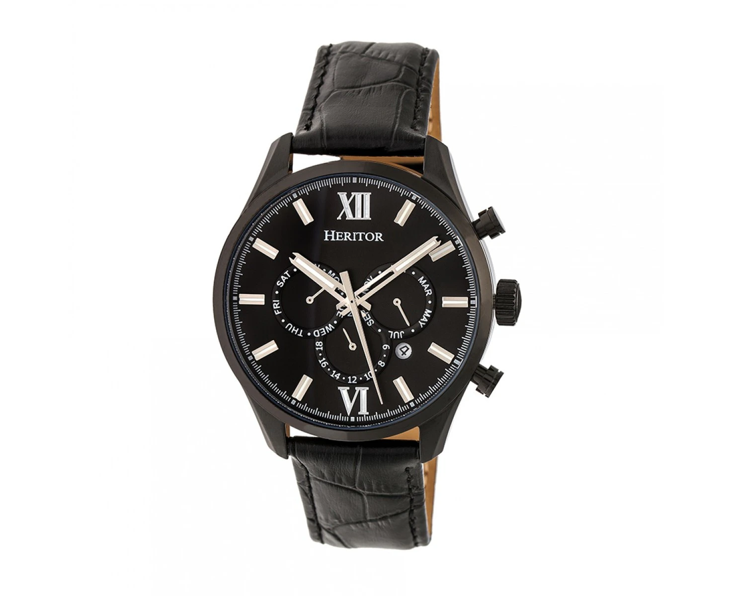 Heritor Automatic Benedict Leather-Band Watch w/ Day/Date - Black