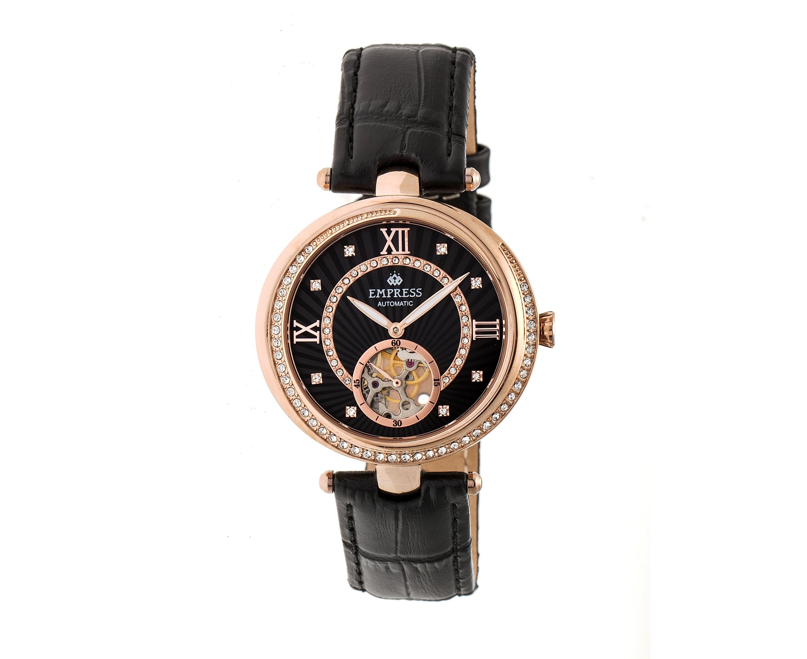 Empress Stella Automatic Semi-Skeleton Dial Leather-Band Watch - Rose Gold/Black/Black