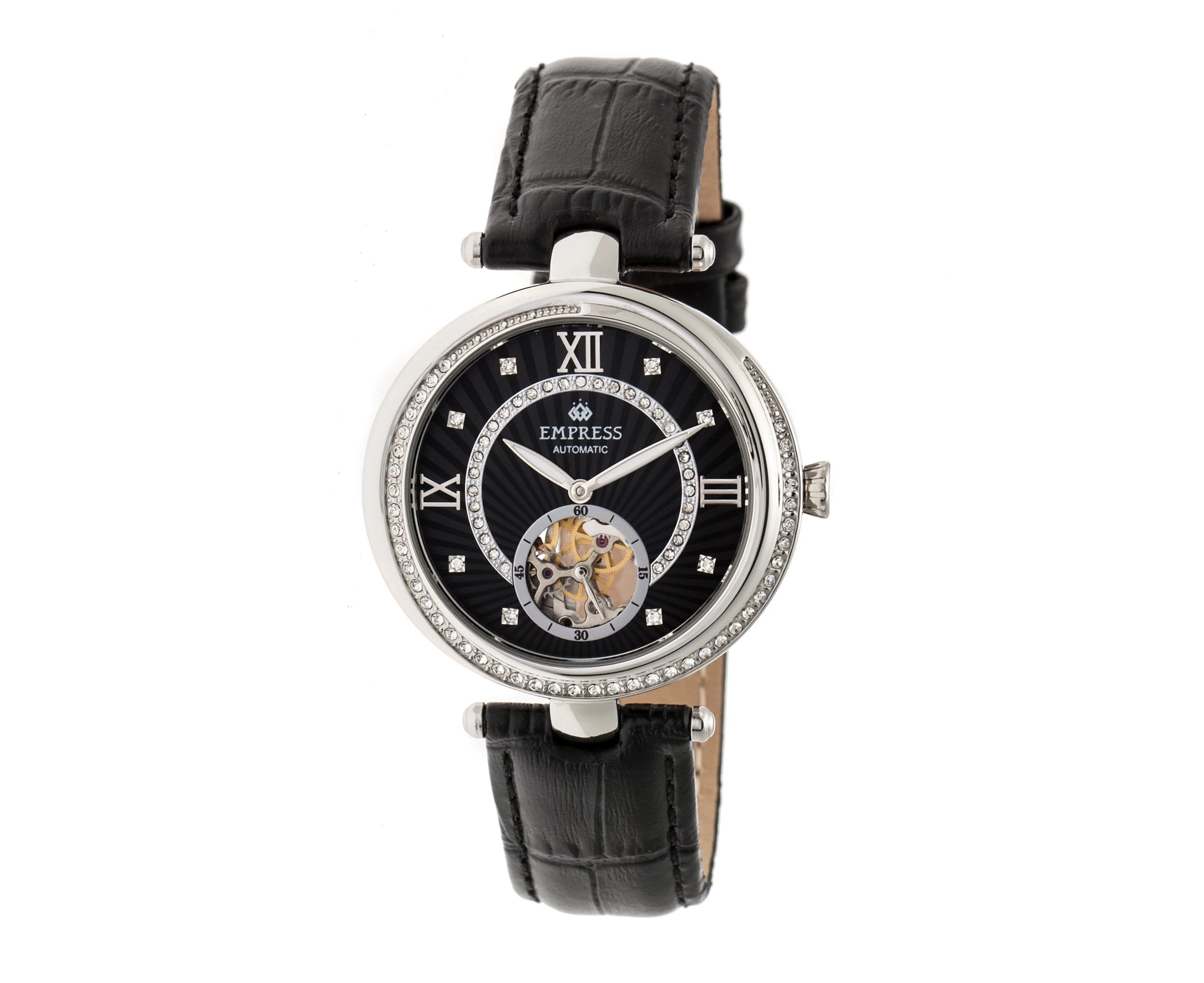 Empress Stella Automatic Semi-Skeleton Dial Leather-Band Watch - Silver/Black/Black