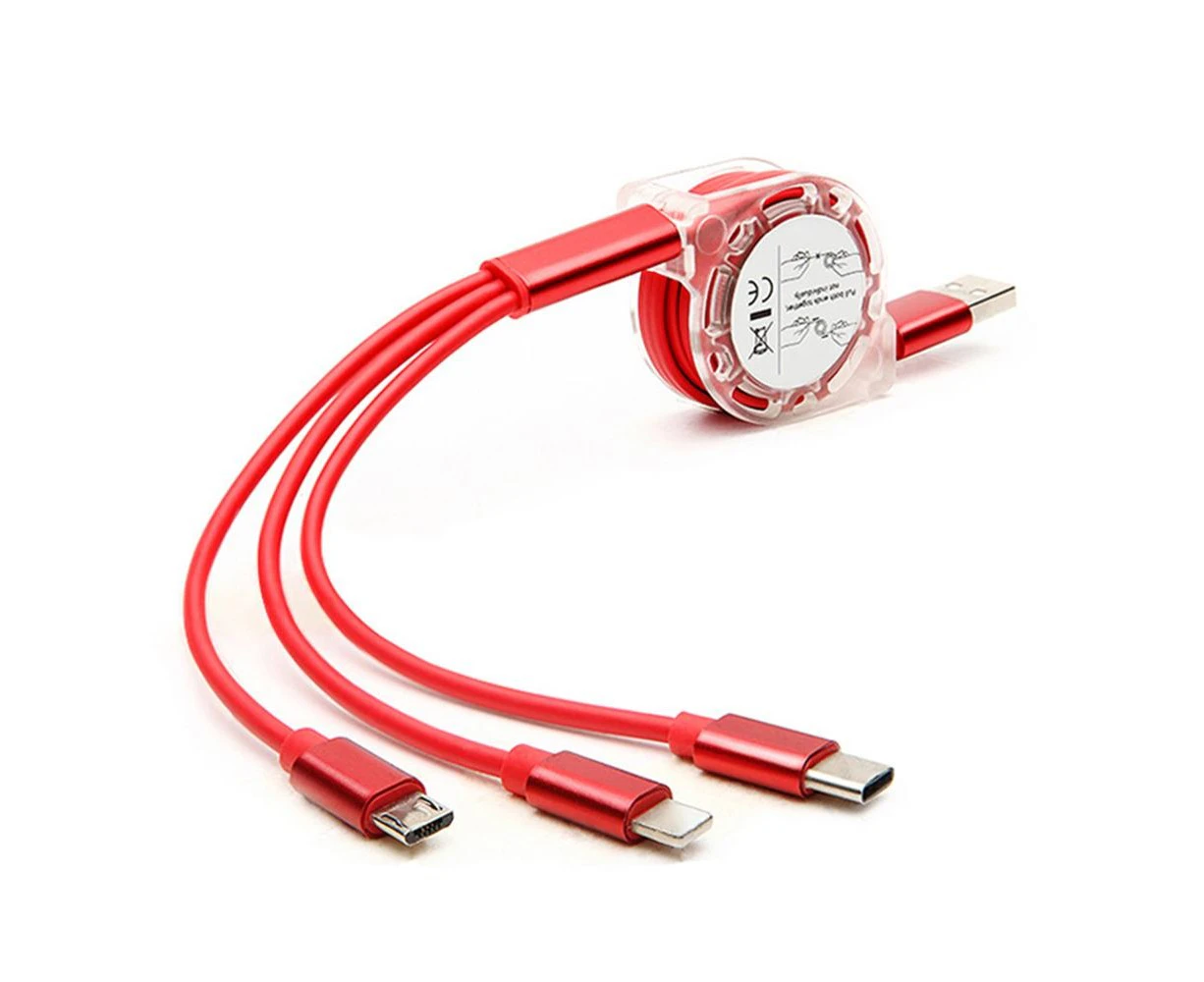 3 in 1 Retractable USB Cable for iPhone Android USB Type C Flat Cable Fast Charging - Red