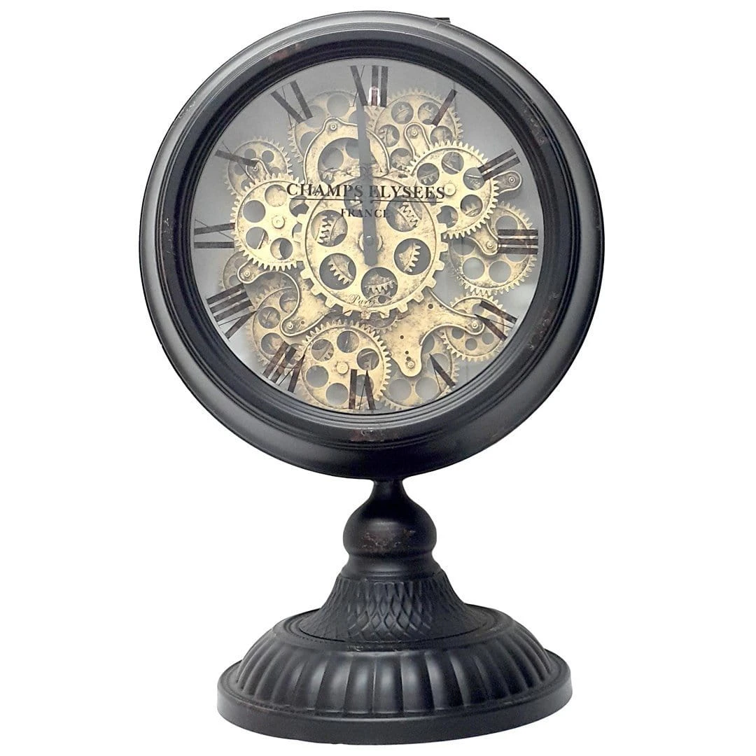 Industrial moving cogs standing clock on footed stand - black