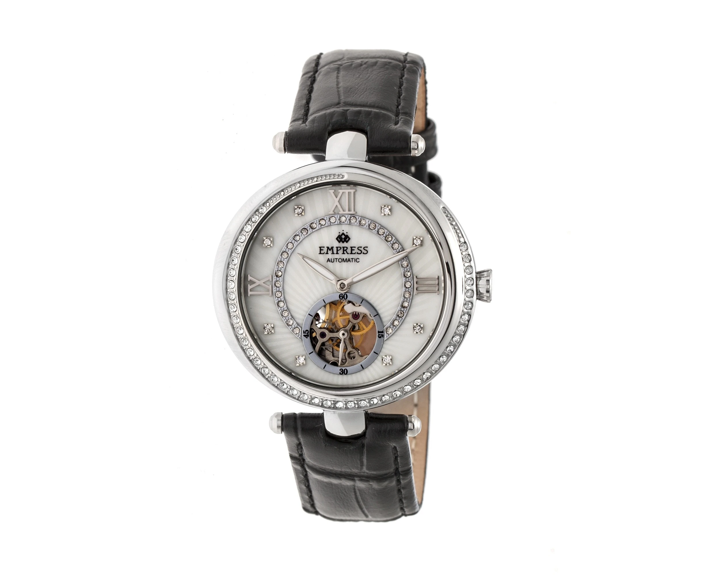 Empress Stella Automatic Semi-Skeleton Dial Leather-Band Watch - Silver/White/Black