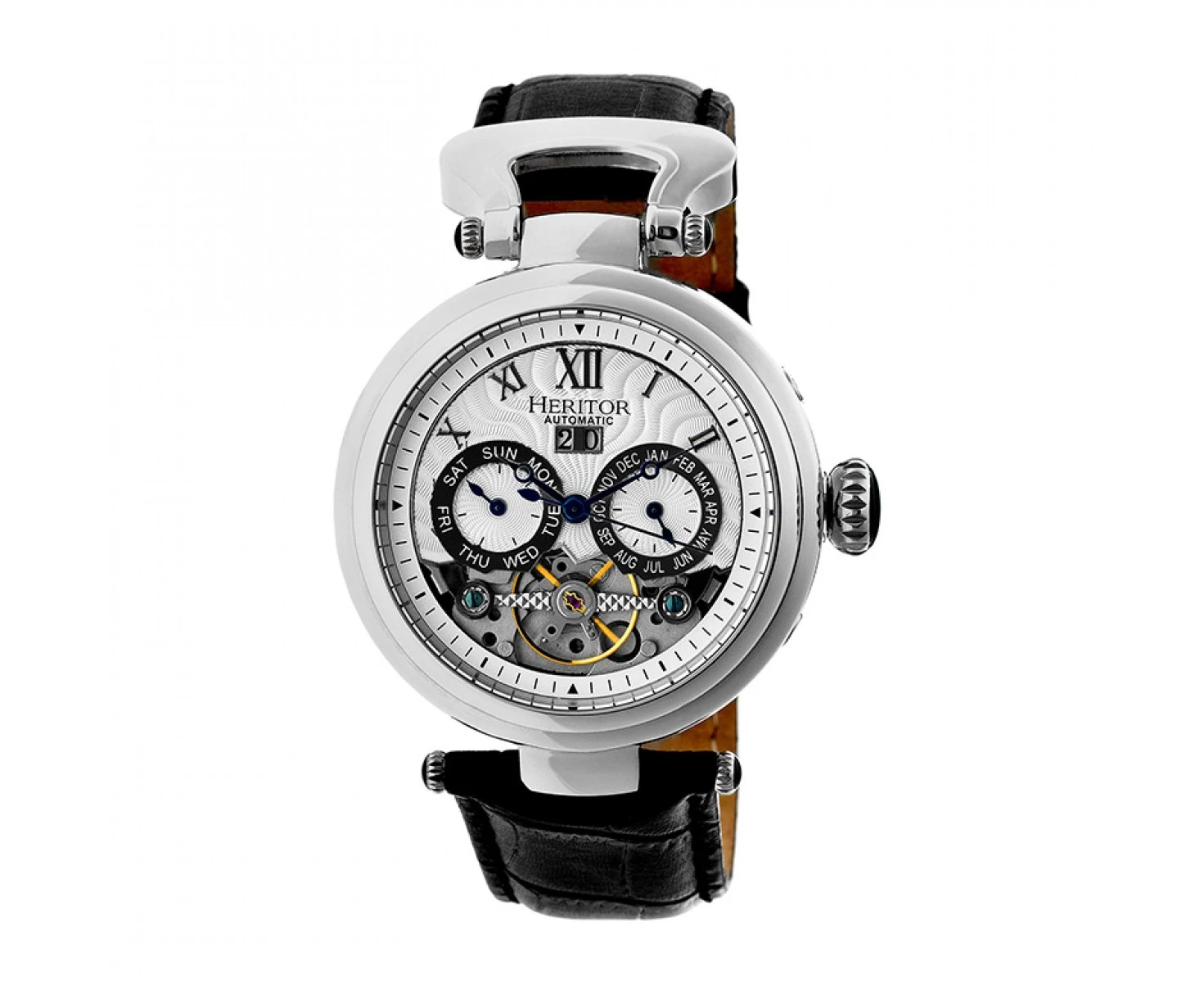 Heritor Automatic Ganzi Semi-Skeleton Leather-Band Watch - Silver