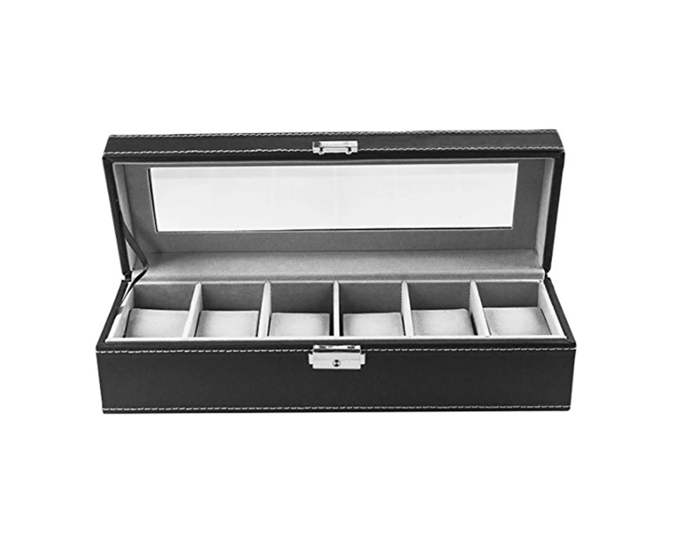 WJS 6 Slot PU Leather Watch Box Display Case Organizer Glass Jewelry Storage - Single layer